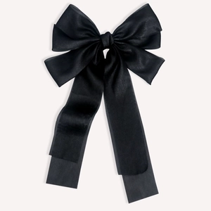 Elegant double-layered black mesh bow hair clip with long ribbons on white background