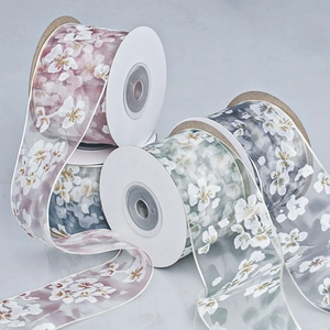 Transparent Organza Ribbon With Cherry Blossom Print And Gold Stamping For DIY Hair Accessories Gift Flower Packaging Decorative Ribbon