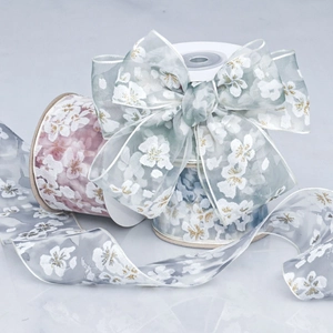 Floral organza ribbon with cherry blossom print for DIY gift wrapping and hair bows