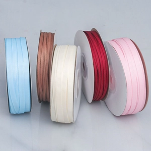 Close-up of multicolored 3mm grosgrain ribbons with ribbed texture on spools