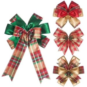 Handmade Christmas Ribbon Bow Metallic Plaid Bowknot For Christmas Tree Topper Party Gift Wrap Festive Decor Ornament