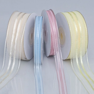 Detail showing macro texture of macaron chiffon ribbons with vertical satin stripes
