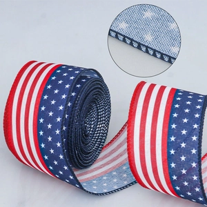 Independence Day burlap ribbon with stars and stripes pattern for festive decoration