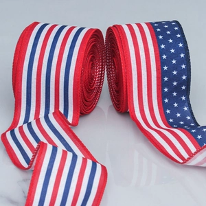 Detail of Fourth of July burlap ribbons with patriotic American stars and stripes pattern