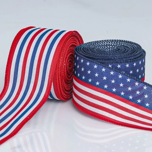 Close-up of American flag ribbons with red stripes and white stars on blue background