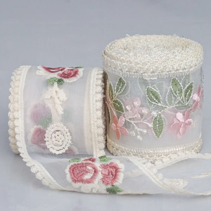 Detailed close-up of mesh floral embroidery lace ribbon with pink flowers and green leaves