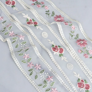 Exquisite mesh lace ribbon with floral embroidery and scalloped edges for DIY sewing projects