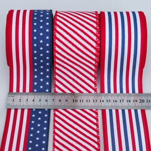 Patriotic Decorative Ribbon Stars And Stripes Red White Blue Wired Edge Ribbon For DIY Crafts US Independence Day Webbing