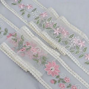 Embroidered floral mesh lace trim with pink flowers and green leaves for DIY sewing