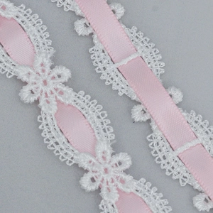 Lolita style white flower lace ribbon with pink satin ribbon interlaced for DIY sewing