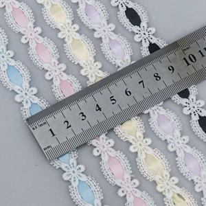 White floral water-soluble lace trim with colorful ribbon insert for Lolita clothing