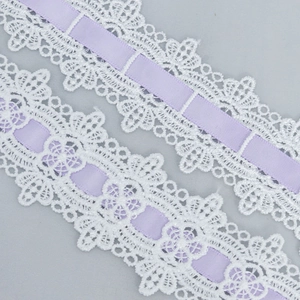 4.5cm white floral embroidery polyester lace trim with light purple ribbon threading