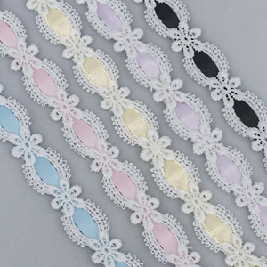 Polyester embroidery lace trim with colorful silk ribbons for Lolita garment DIY decor