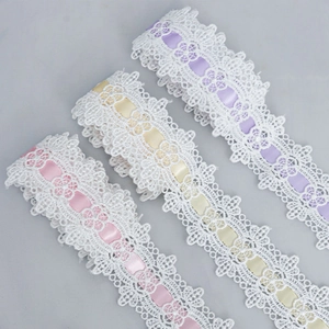 Detailed view of 4.5cm wavy water soluble lace trim with pink yellow and purple ribbons