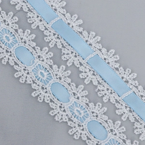 White floral lace trim with light blue satin ribbon for DIY craft and dress accessories