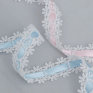 White lace trim with pink and blue satin ribbons for DIY dress and hair accessories
