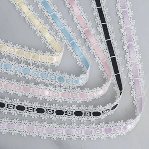 Close-up of daisy pattern lace ribbons with colored satin inserts for DIY crafts