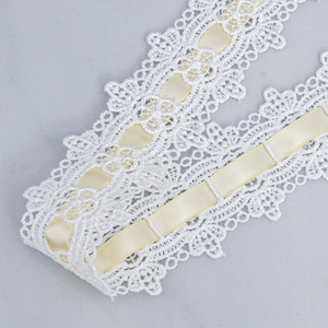 4.5cm white wavy embroidery lace trim with pale yellow silk ribbon for garment DIY