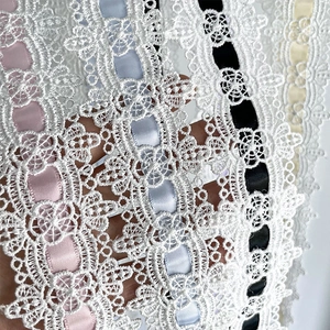 4.5cm wavy hollow polyester lace trim with colorful silk ribbons for DIY sewing