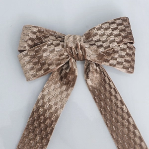 Brown and beige checkerboard velvet ribbon bow with long streamers for DIY hair accessories