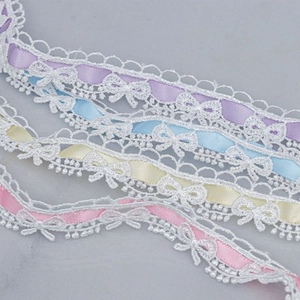 Cinta de encaje bordado de 1,5cm con patrones de lazos en colores pastel para costura DIY