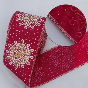 Rotes Weihnachtsband aus Leinenimitat mit goldenen Schneeflocken und Drahtkante für Bögen