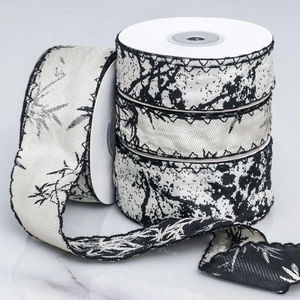 Chinese Style Ink Wash Bamboo Floral Satin Ribbon For DIY Hair Accessories Gift Wrap Scalloped Edge Decorative Ribbon