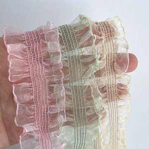3cm colorful elastic ruffled lace trim in pink green and beige for DIY sewing decoration