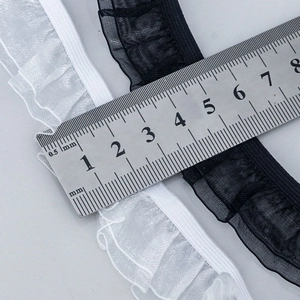 2.5cm double-layer ruffle elastic lace trim in black and white for garments and curtains