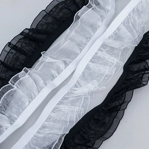 Elastic ruffles lace ribbon 2.5cm width in black and white double layer mesh fabric