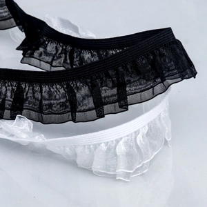 Elastic 2.5cm double-layer ruffle lace trim in black and white for apparel and home textile