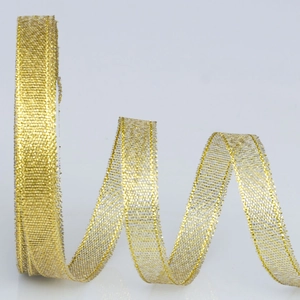 Dettaglio del nastro glitterato dorato con trama a maglia fine per pacchi regalo