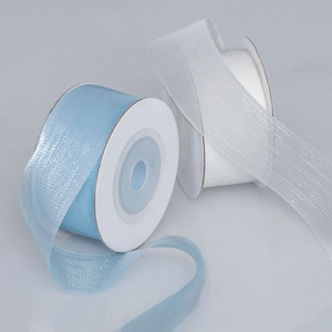 Two rolls of 2.5cm light blue and white sheer chiffon ribbons for wedding decor