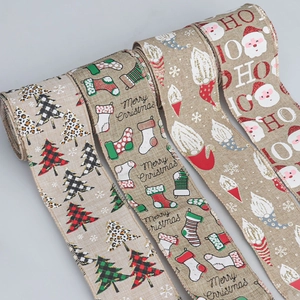 Christmas Wired Edge Ribbon 6.5cm Wide Faux Burlap Ribbon With Gnome Santa Tree Patterns For DIY Bows Wrapping Xmas Decor