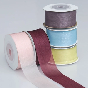 Five rolls of 2.5cm wide matte sheer organza ribbons in various soft pastel colors