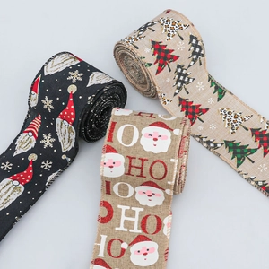 6.5cm faux linen Christmas ribbons with wired edges, gnome and Santa prints for DIY bows
