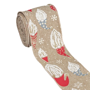 6.5cm faux linen Christmas gnome ribbon roll with wired edges and white snowflakes
