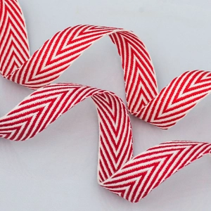 Two-tone red and white herringbone woven cotton polyester ribbon for DIY crafts and gifts