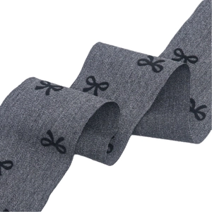 Grey denim texture ribbon with black flocked bow patterns for DIY hair accessories and crafts