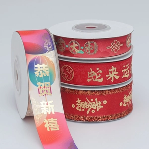 Detail of red and rainbow gold foil ribbons with Chinese Year of the Snake characters
