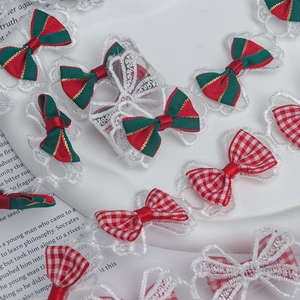 3.5cm polyester lace bow accessory with red green stripes and gold trim for DIY dolls
