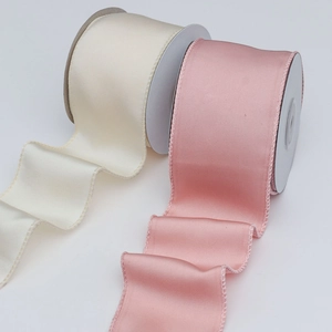 6cm double-sided cream and rose pink satin ribbons with wired edges for DIY gift wrapping