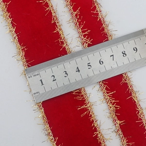 Red velvet ribbon with gold glitter edges measured at 38mm-40mm on white background