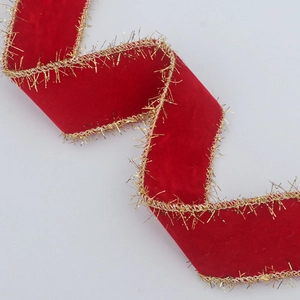 Festive red velvet ribbon with gold tinsel edges for DIY New Year hair accessories