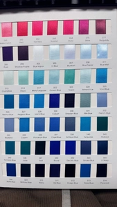 Detailed color swatch card showing various satin ribbons with IDs for DIY sewing projects