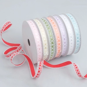 Multi-colored polyester lace ribbon rolls with white scalloped edges for DIY crafts