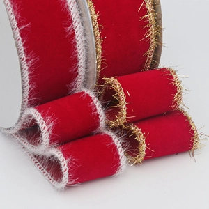 Festive red velvet ribbons with gold tinsel and white plush edges for DIY crafts