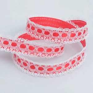 Red polyester ribbon with white lace edge and polka dots for DIY floral craft decoration