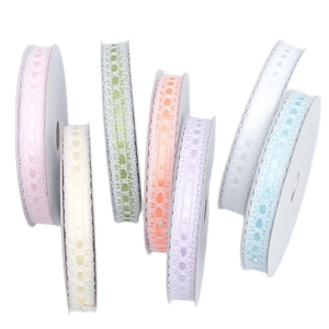 Set of seven colorful polyester lace ribbons in macaron shades for DIY gift packaging