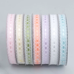 1.5cm polyester lace ribbon roll collection in assorted pastel colors for DIY crafts